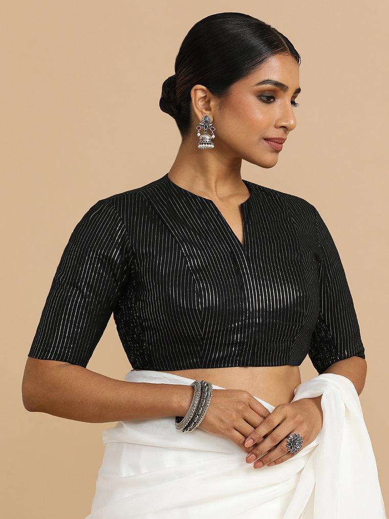Kaveri x Rozaana Saree Blouse, in Black 100% Cotton & Lurex, featuring elbow sleeves and round neckline.