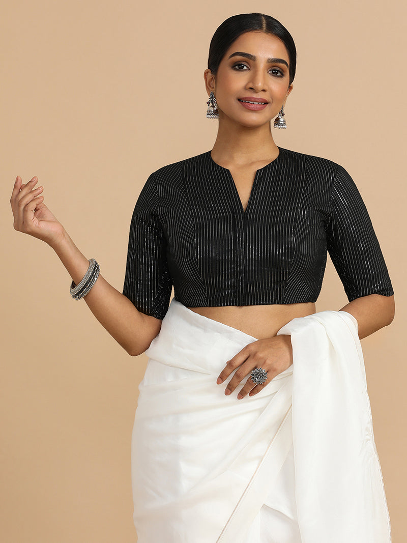 Kaveri x Rozaana | Elbow Sleeves Saree Blouse in Black Silver Stripe Cotton-Binks