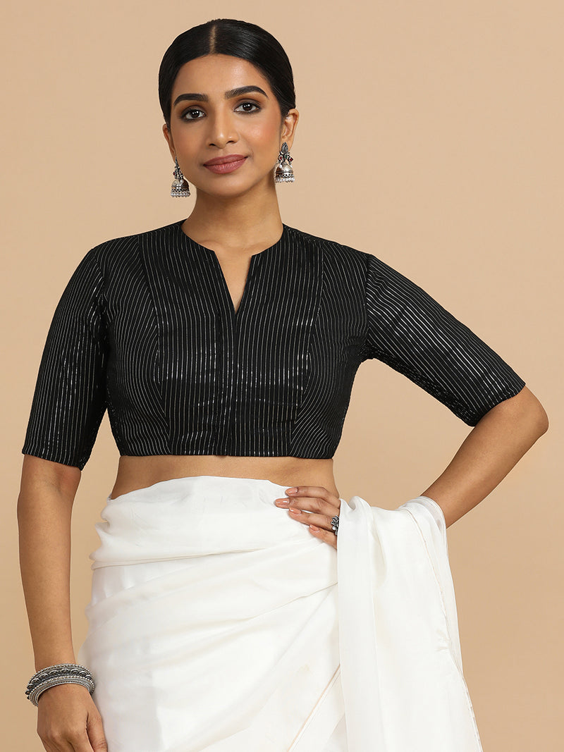 Kaveri x Rozaana | Elbow Sleeves Saree Blouse in Black Silver Stripe Cotton-Binks