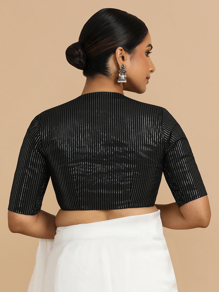 Kaveri x Rozaana Saree Blouse, in Black 100% Cotton & Lurex, featuring elbow sleeves and round neckline (view 2).