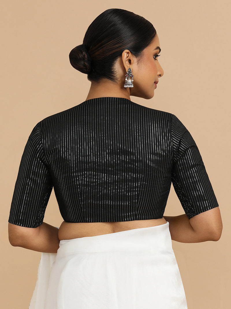 Kaveri x Rozaana | Elbow Sleeves Saree Blouse in Black Silver Stripe Cotton-Binks