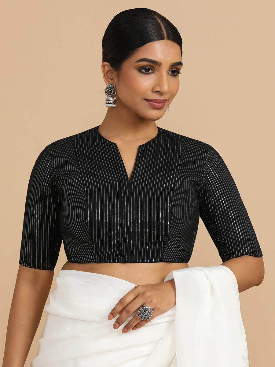Kaveri x Rozaana Saree Blouse, in Black 100% Cotton & Lurex, featuring elbow sleeves and round neckline (view 5).