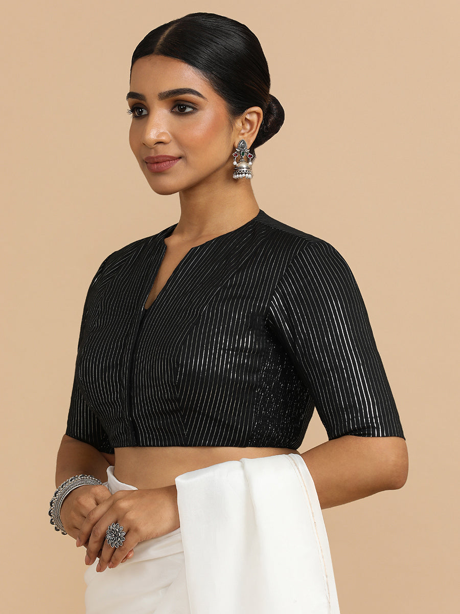 Kaveri x Rozaana Saree Blouse, in Black 100% Cotton & Lurex, featuring elbow sleeves and round neckline (view 6).