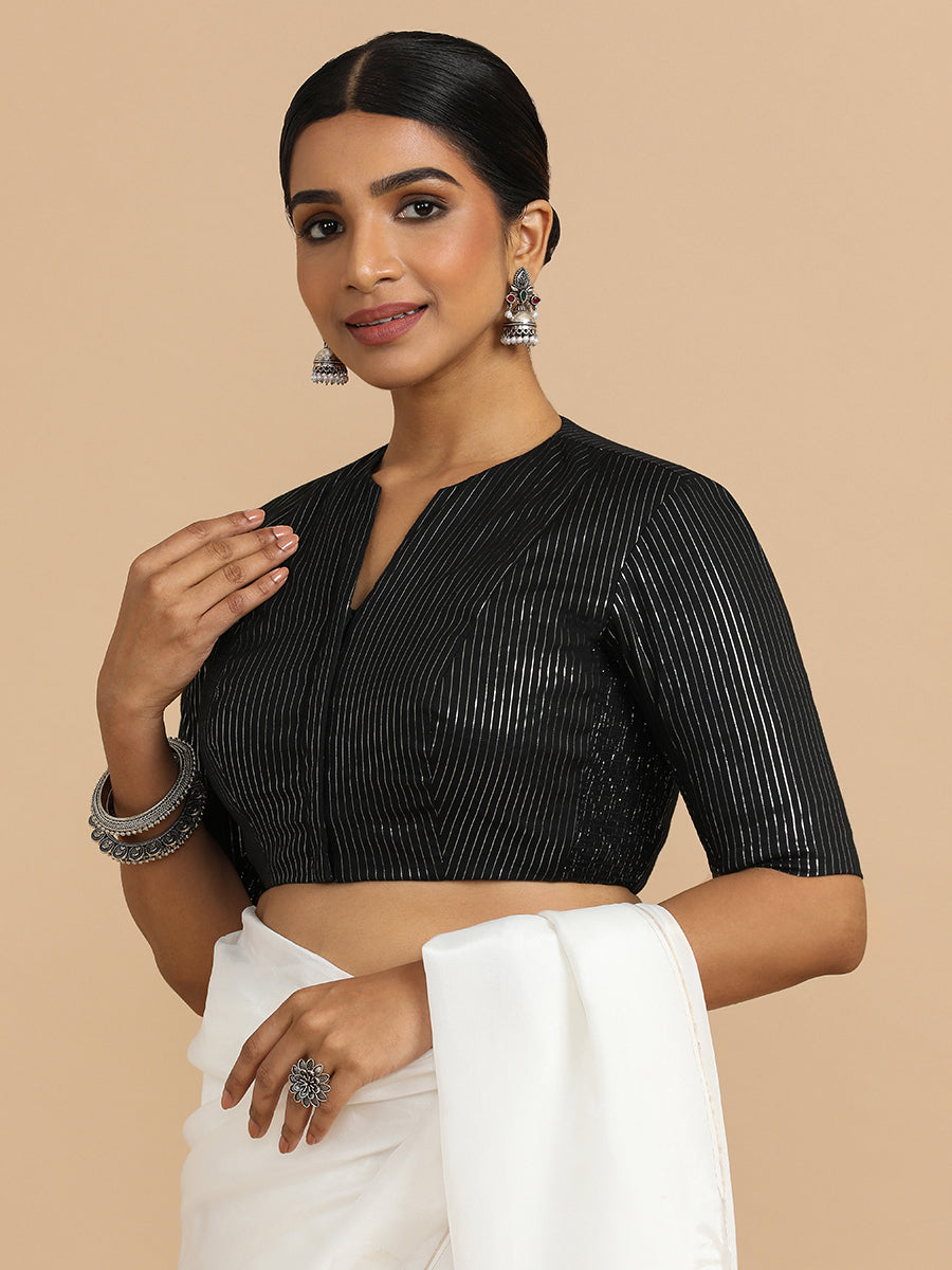 Kaveri x Rozaana Saree Blouse, in Black 100% Cotton & Lurex, featuring elbow sleeves and round neckline (view 7).