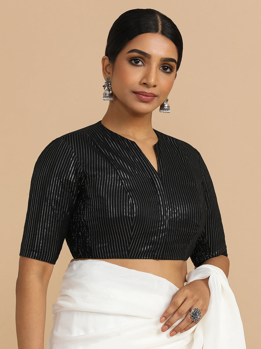 Kaveri x Rozaana Saree Blouse, in Black 100% Cotton & Lurex, featuring elbow sleeves and round neckline (view 8).