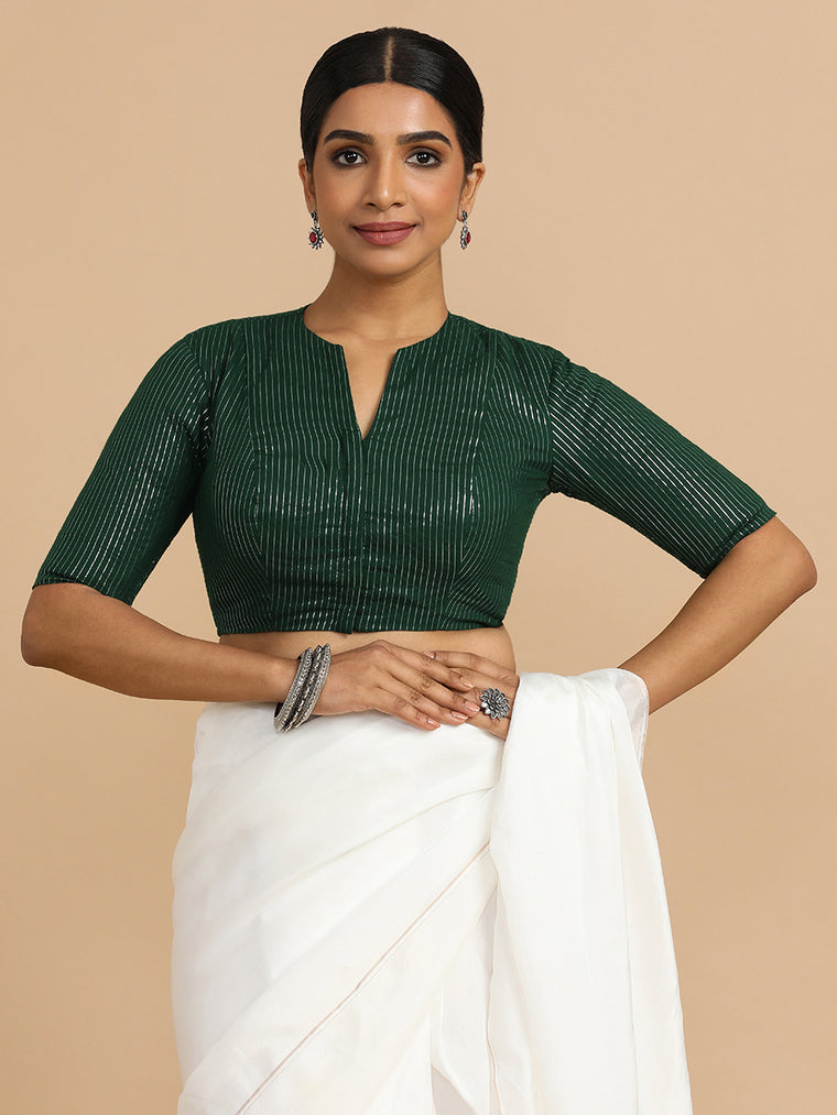Kaveri x Rozaana Saree Blouse, in Green 100% Cotton & Lurex, featuring elbow sleeves and round neckline.