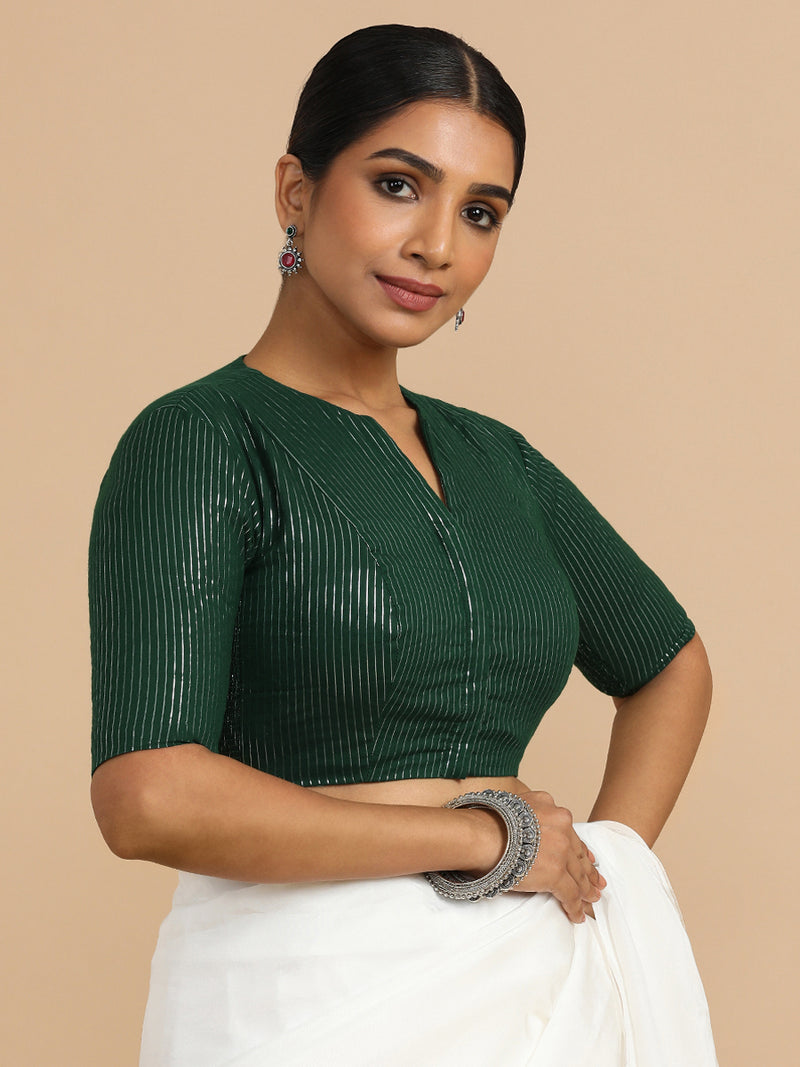 Kaveri x Rozaana | Elbow Sleeves Saree Blouse in Dark Green Silver Stripe Cotton-Binks
