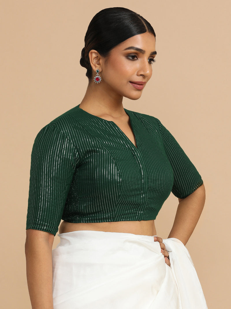 Kaveri x Rozaana | Elbow Sleeves Saree Blouse in Dark Green Silver Stripe Cotton-Binks