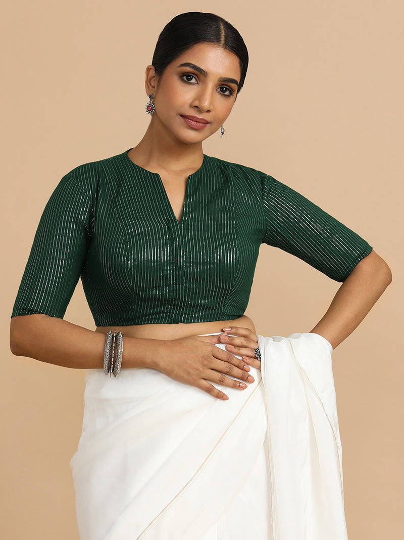 Kaveri x Rozaana | Elbow Sleeves Saree Blouse in Dark Green Silver Stripe Cotton-Binks