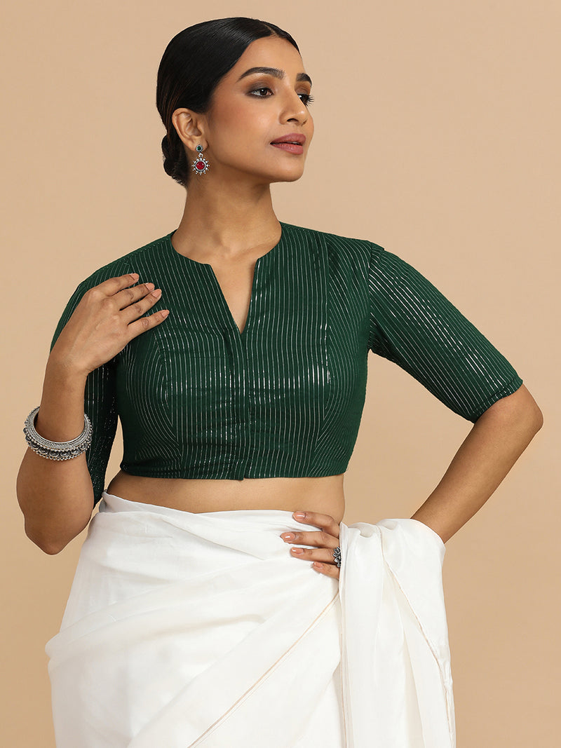 Kaveri x Rozaana | Elbow Sleeves Saree Blouse in Dark Green Silver Stripe Cotton-Binks