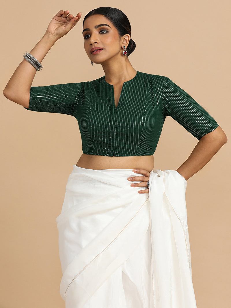 Kaveri x Rozaana | Elbow Sleeves Saree Blouse in Dark Green Silver Stripe Cotton-Binks