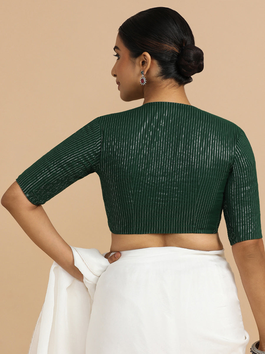 Kaveri x Rozaana Saree Blouse, in Green 100% Cotton & Lurex, featuring elbow sleeves and round neckline (view 2).