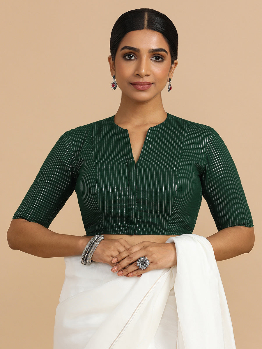 Kaveri x Rozaana Saree Blouse, in Green 100% Cotton & Lurex, featuring elbow sleeves and round neckline (view 6).