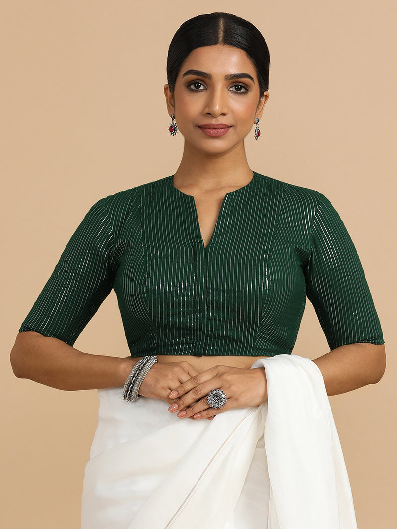 Kaveri x Rozaana | Elbow Sleeves Saree Blouse in Dark Green Silver Stripe Cotton-Binks