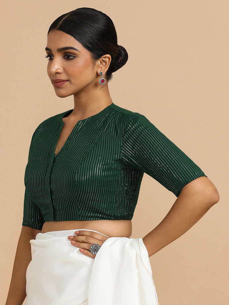 Kaveri x Rozaana | Elbow Sleeves Saree Blouse in Dark Green Silver Stripe Cotton-Binks