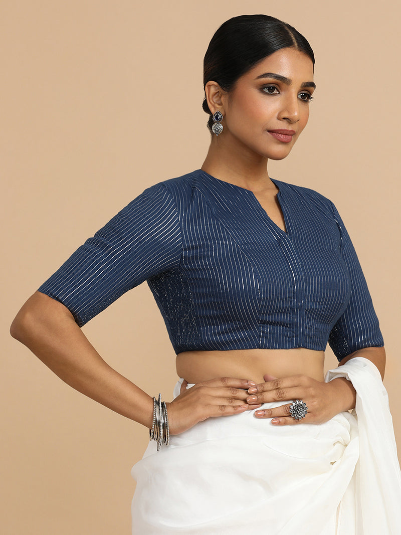 Kaveri x Rozaana | Elbow Sleeves Saree Blouse in Indigo Silver Stripe Cotton-Binks