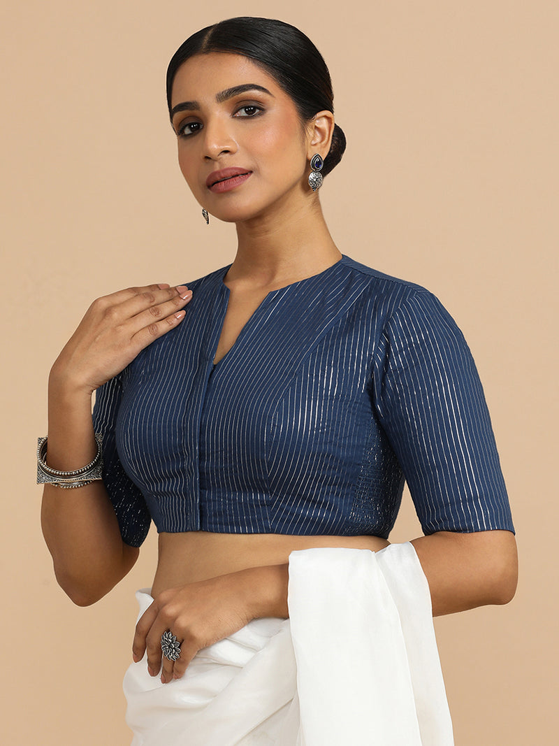 Kaveri x Rozaana | Elbow Sleeves Saree Blouse in Indigo Silver Stripe Cotton-Binks