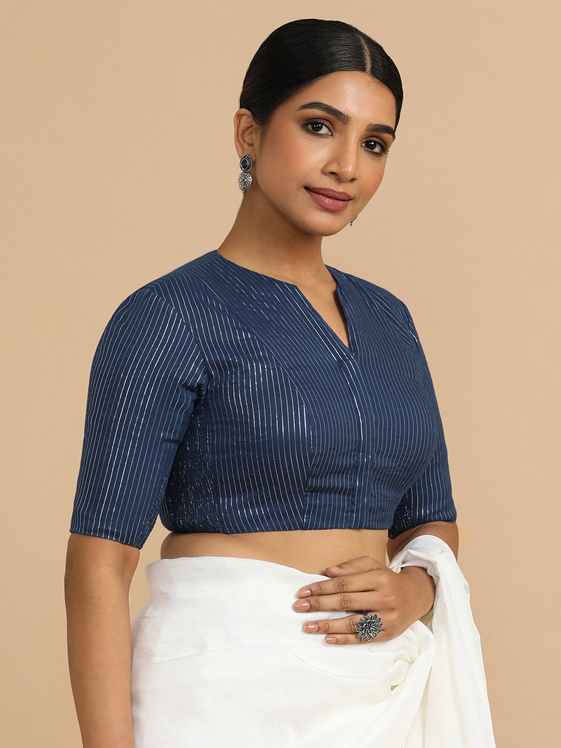 Kaveri x Rozaana | Elbow Sleeves Saree Blouse in Indigo Silver Stripe Cotton-Binks
