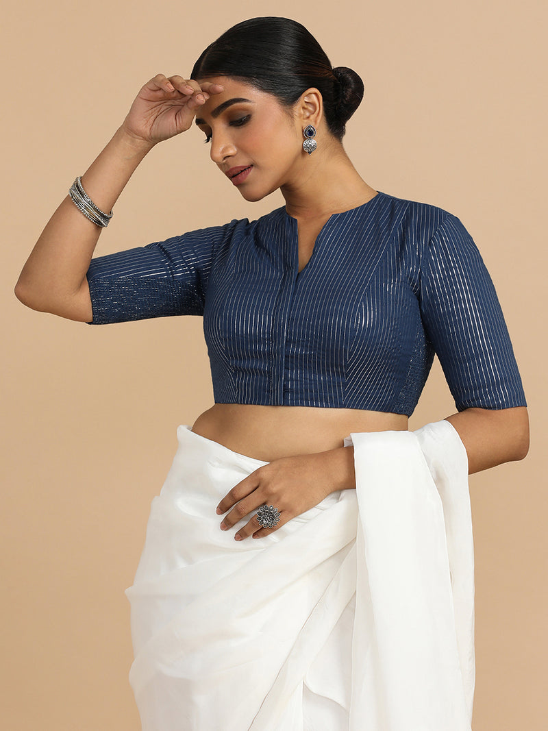 Kaveri x Rozaana | Elbow Sleeves Saree Blouse in Indigo Silver Stripe Cotton-Binks