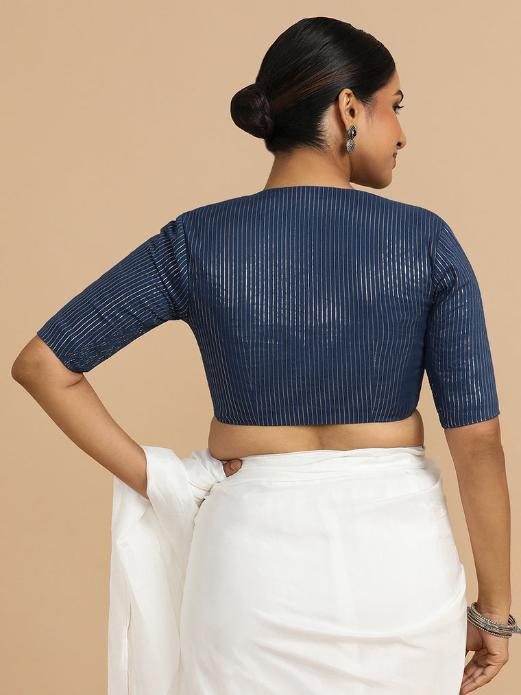 Kaveri x Rozaana Saree Blouse, in Blue 100% Cotton & Lurex, featuring elbow sleeves and round neckline (view 2).