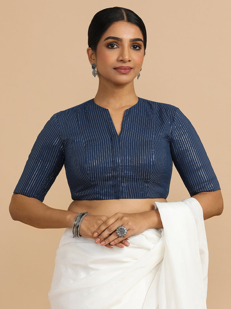 Kaveri x Rozaana | Elbow Sleeves Saree Blouse in Indigo Silver Stripe Cotton-Binks