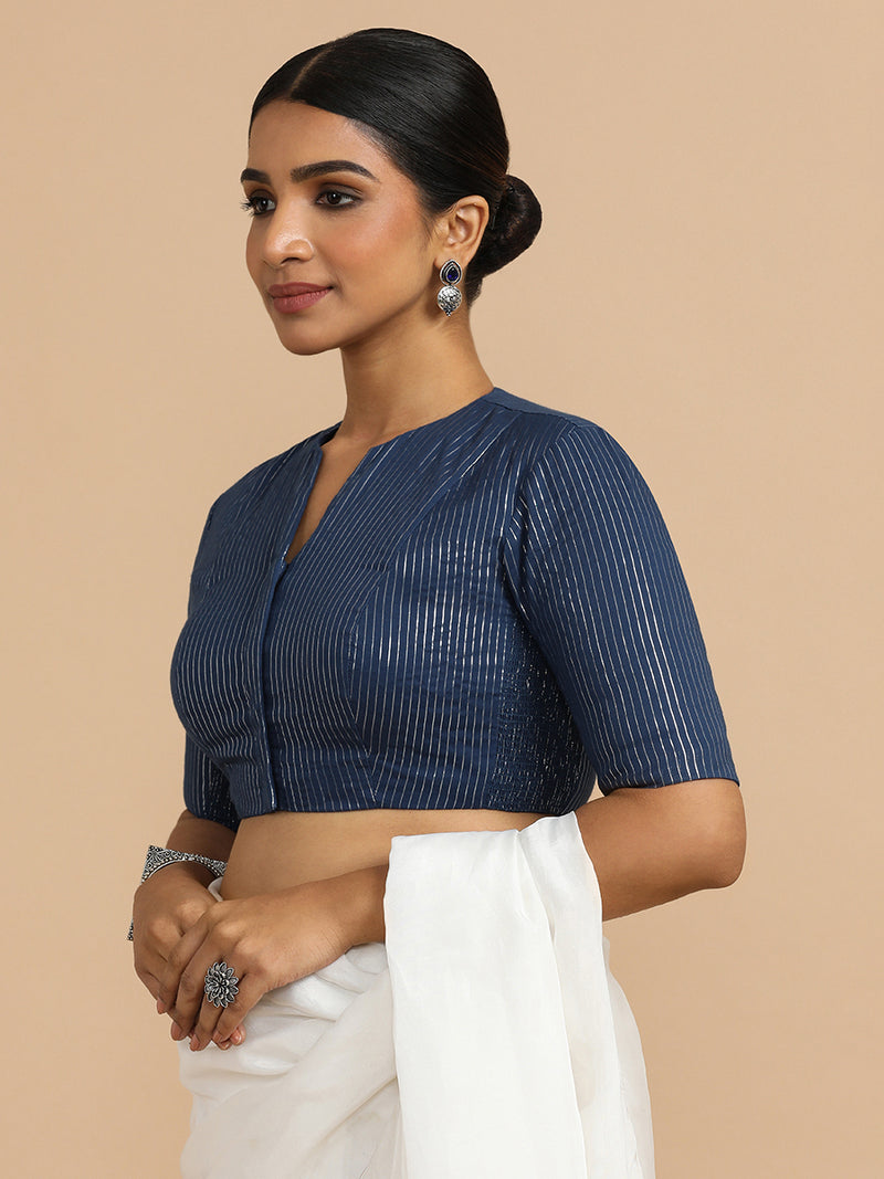 Kaveri x Rozaana | Elbow Sleeves Saree Blouse in Indigo Silver Stripe Cotton-Binks