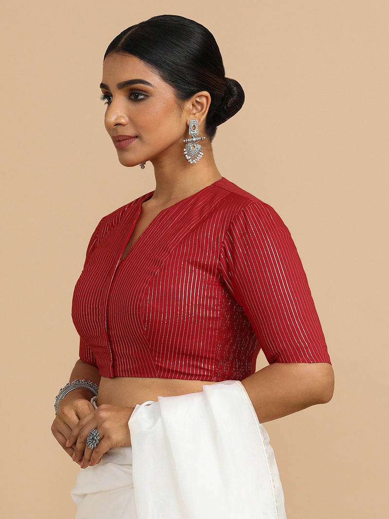 Kaveri x Rozaana | Elbow Sleeves Saree Blouse in Red Silver Stripe Cotton-Binks