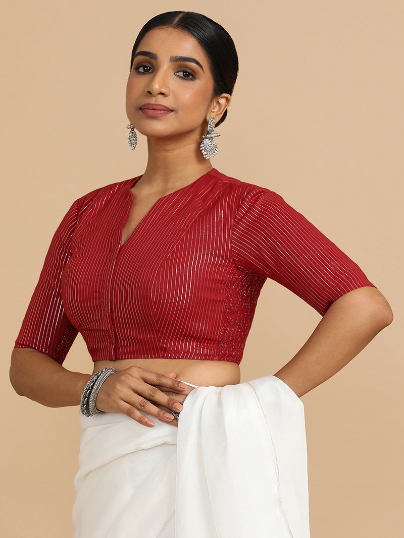 Kaveri x Rozaana | Elbow Sleeves Saree Blouse in Red Silver Stripe Cotton-Binks