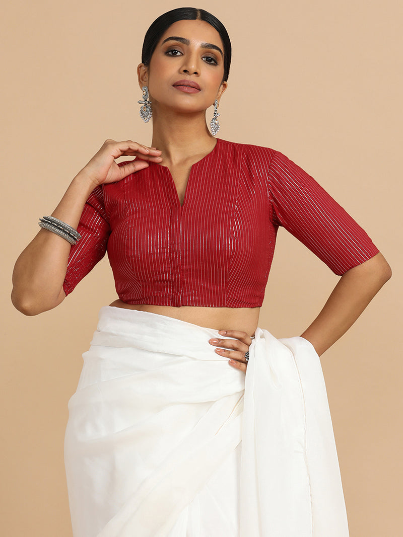 Kaveri x Rozaana | Elbow Sleeves Saree Blouse in Red Silver Stripe Cotton-Binks