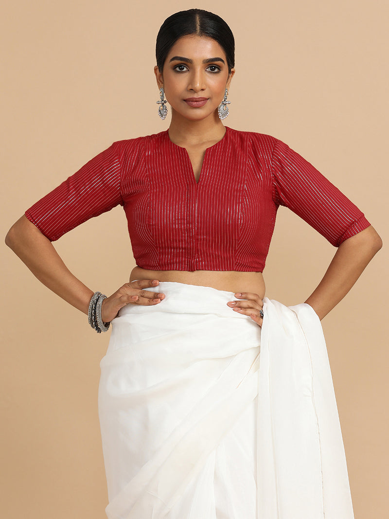 Kaveri x Rozaana | Elbow Sleeves Saree Blouse in Red Silver Stripe Cotton-Binks