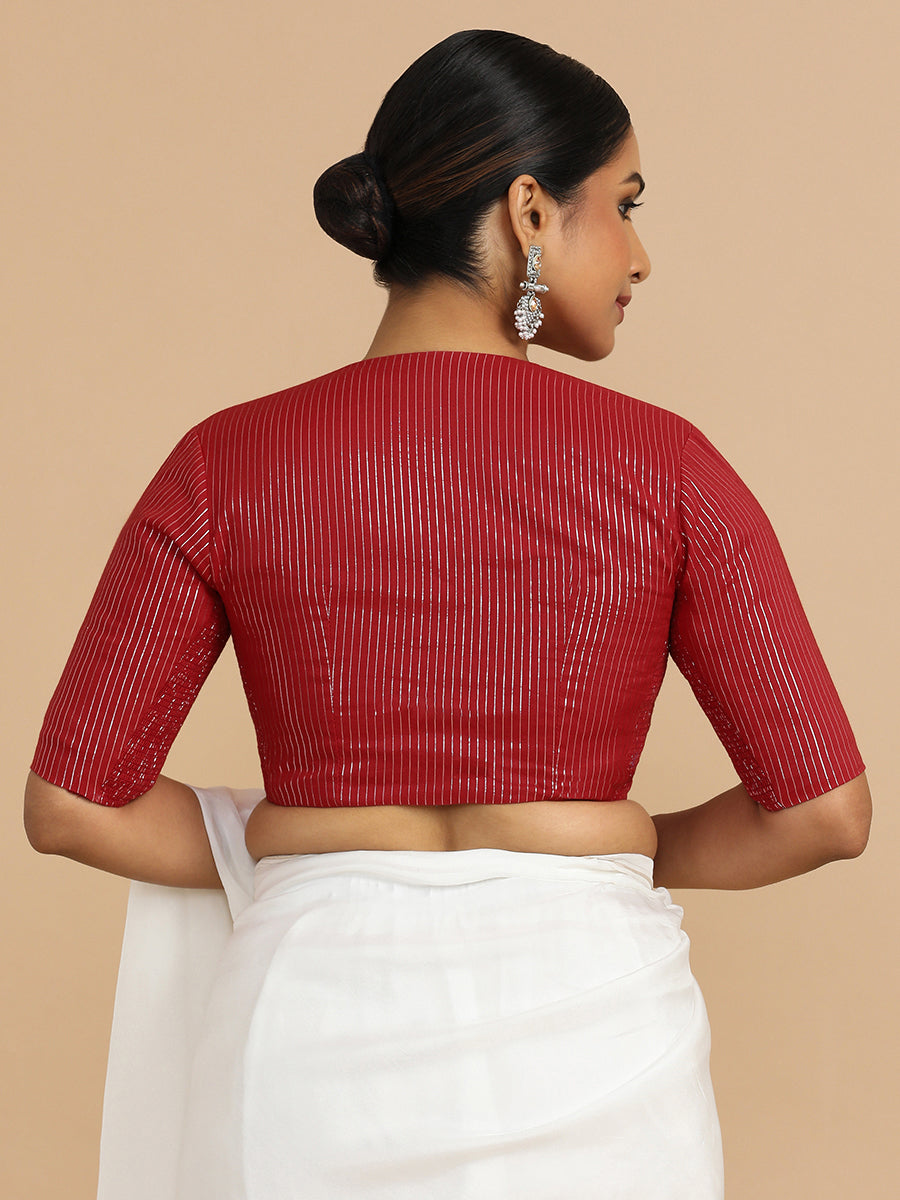 Kaveri x Rozaana Saree Blouse, in Red 100% Cotton & Lurex, featuring elbow sleeves and round neckline (view 2).