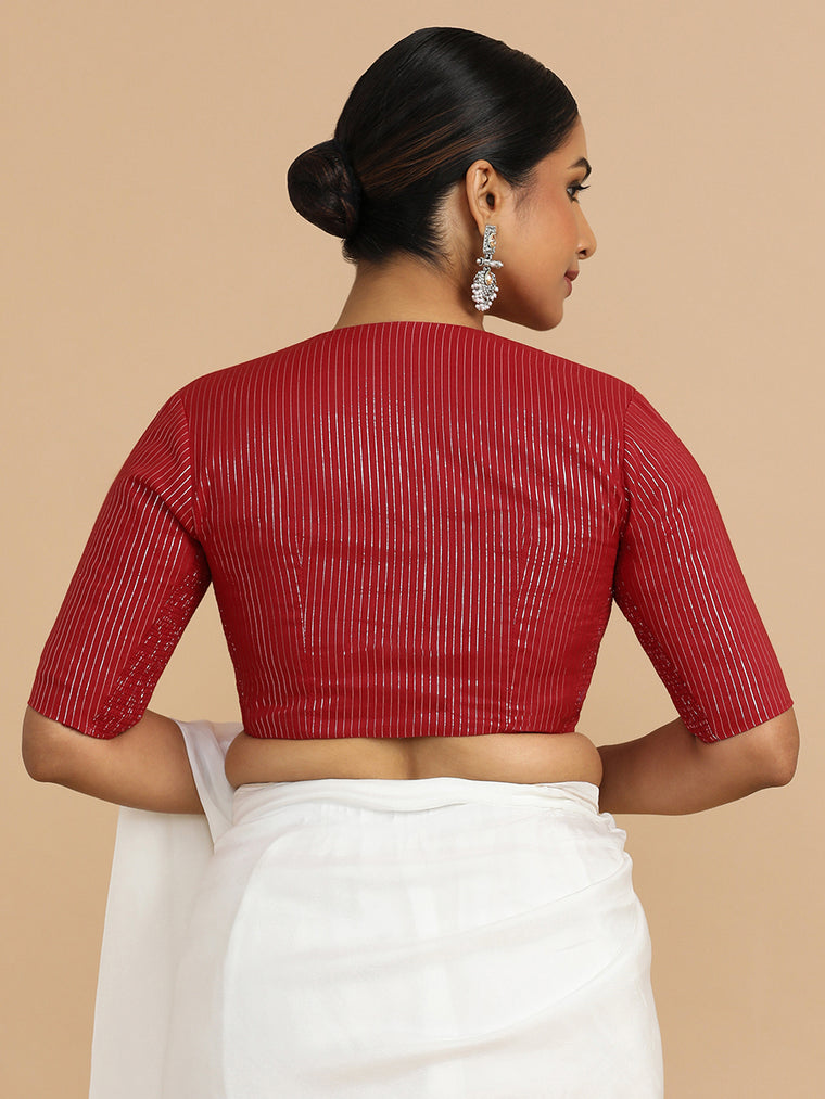 Kaveri x Rozaana Saree Blouse, in Red 100% Cotton & Lurex, featuring elbow sleeves and round neckline (view 2).