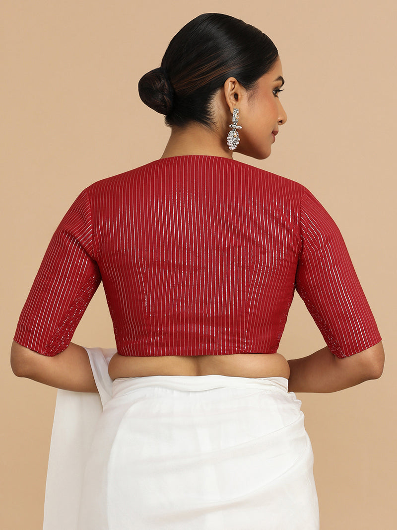 Kaveri x Rozaana | Elbow Sleeves Saree Blouse in Red Silver Stripe Cotton-Binks