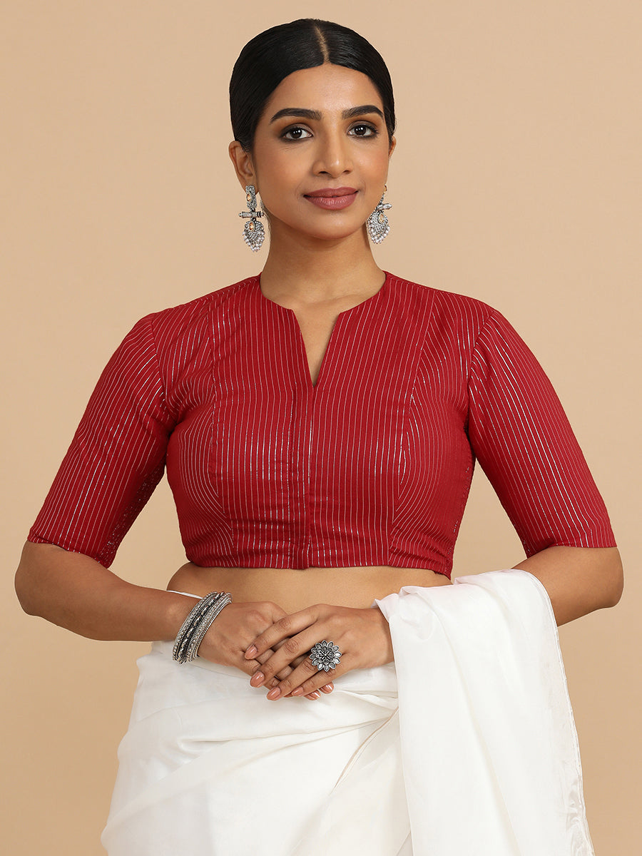 Kaveri x Rozaana Saree Blouse, in Red 100% Cotton & Lurex, featuring elbow sleeves and round neckline (view 5).