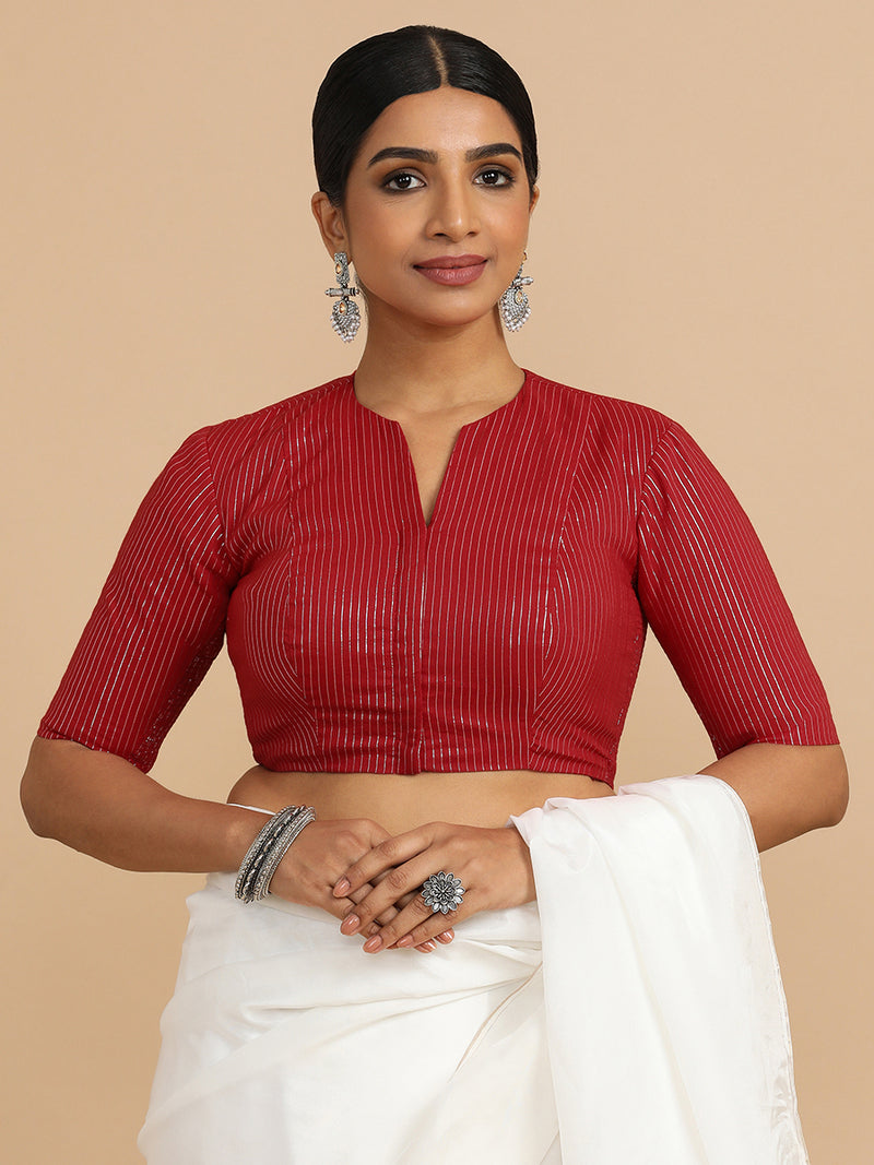 Kaveri x Rozaana | Elbow Sleeves Saree Blouse in Red Silver Stripe Cotton-Binks