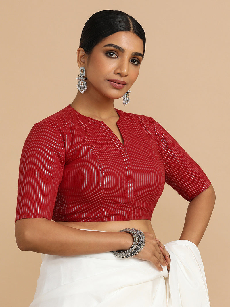Kaveri x Rozaana | Elbow Sleeves Saree Blouse in Red Silver Stripe Cotton-Binks