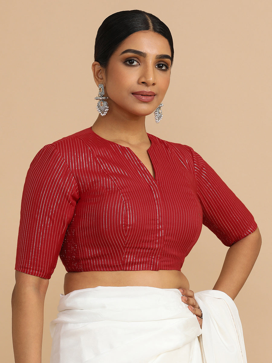 Kaveri x Rozaana Saree Blouse, in Red 100% Cotton & Lurex, featuring elbow sleeves and round neckline (view 7).