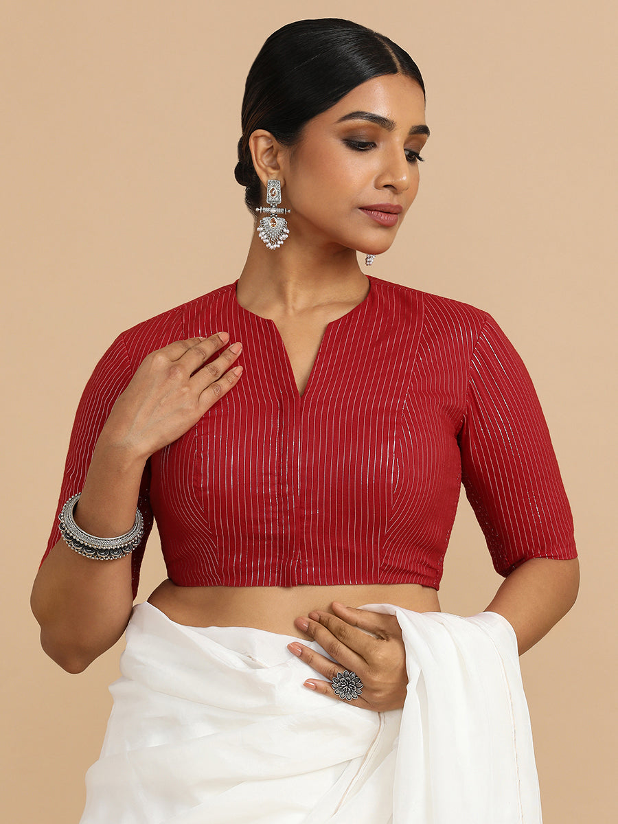 Kaveri x Rozaana Saree Blouse, in Red 100% Cotton & Lurex, featuring elbow sleeves and round neckline (view 8).
