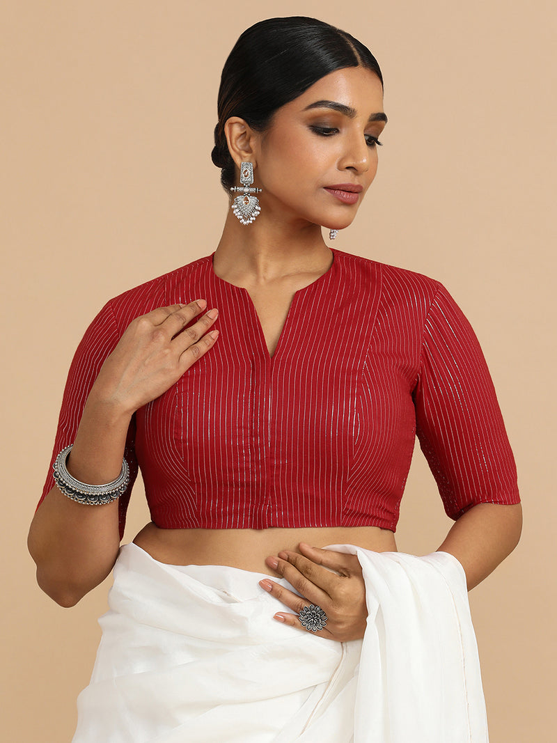 Kaveri x Rozaana | Elbow Sleeves Saree Blouse in Red Silver Stripe Cotton-Binks