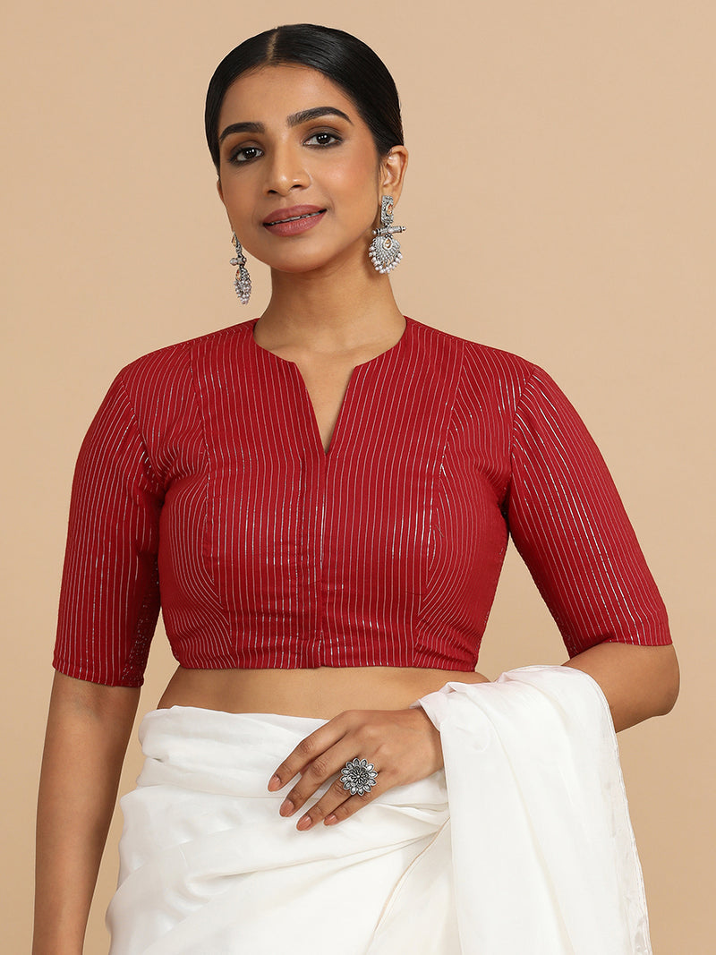 Kaveri x Rozaana | Elbow Sleeves Saree Blouse in Red Silver Stripe Cotton-Binks
