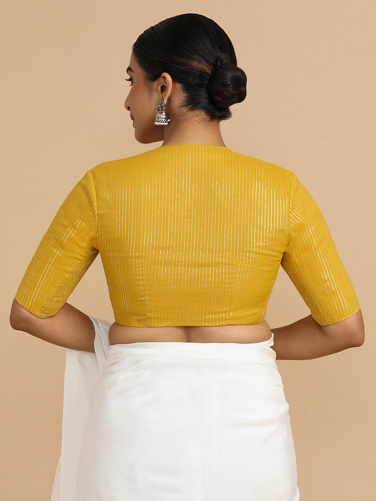 Kaveri x Rozaana Saree Blouse, in Yellow 100% Cotton & Lurex, featuring elbow sleeves and round neckline (view 2).