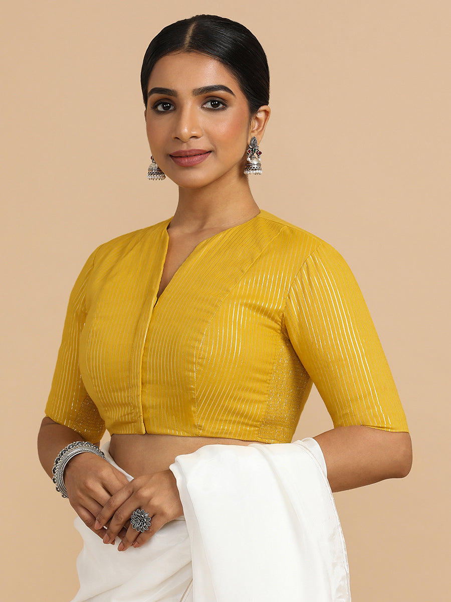 Kaveri x Rozaana Saree Blouse, in Yellow 100% Cotton & Lurex, featuring elbow sleeves and round neckline (view 6).