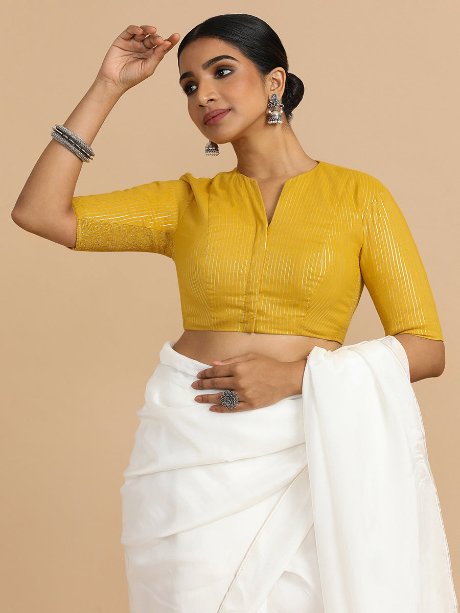 Kaveri x Rozaana Saree Blouse, in Yellow 100% Cotton & Lurex, featuring elbow sleeves and round neckline (view 8).