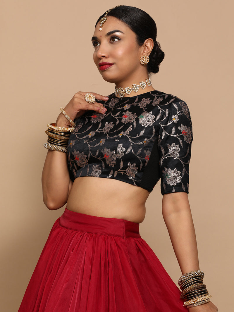Kavi x Tyohaar | Elbow Sleeves Satin Viscose Saree Blouse in Black Meenakari Fabric-Binks
