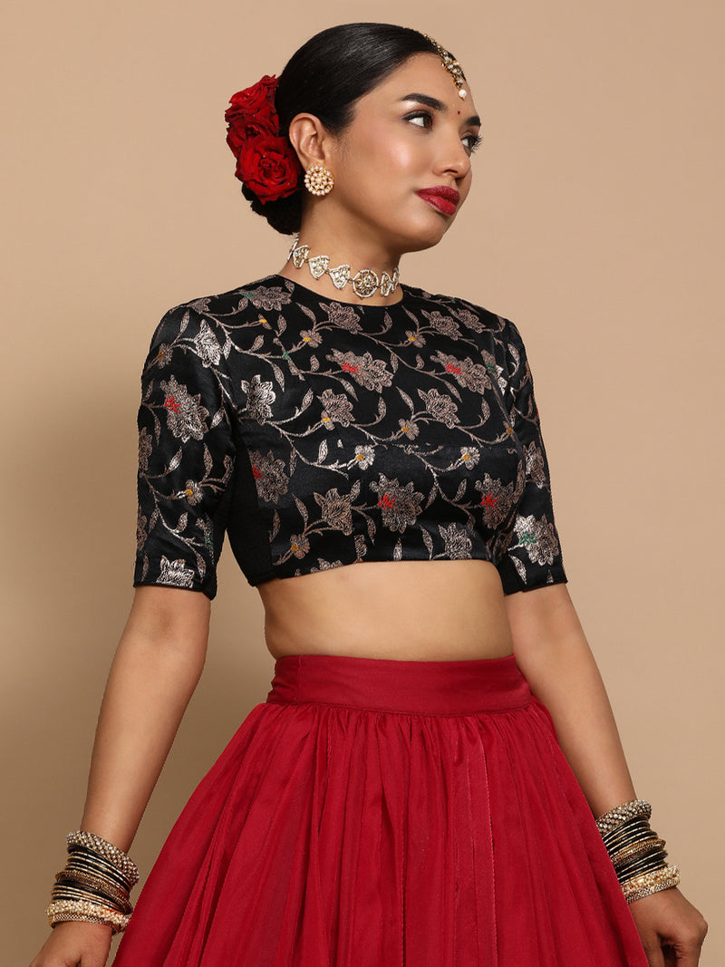 Kavi x Tyohaar | Elbow Sleeves Satin Viscose Saree Blouse in Black Meenakari Fabric-Binks