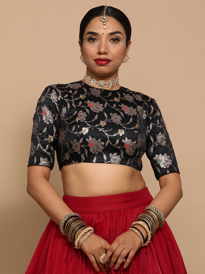 Kavi x Tyohaar | Elbow Sleeves Satin Viscose Saree Blouse in Black Meenakari Fabric-Binks