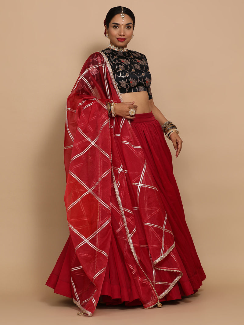 Kavi x Tyohaar | Elbow Sleeves Satin Viscose Saree Blouse in Black Meenakari Fabric-Binks