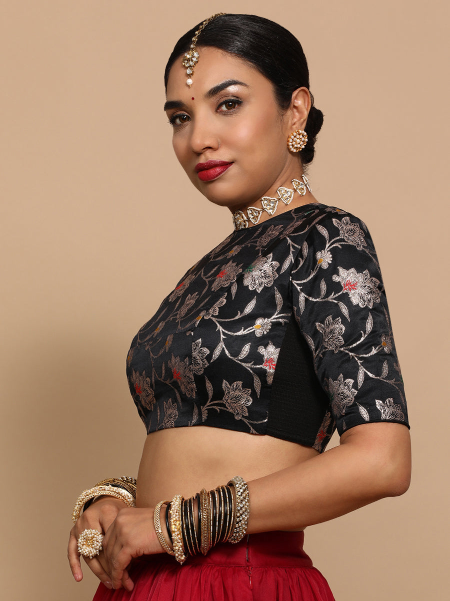 Kavi x Tyohaar Saree Blouse, in Black Embroidery & Brocade, featuring elbow sleeves and jewel neckline (view 3).