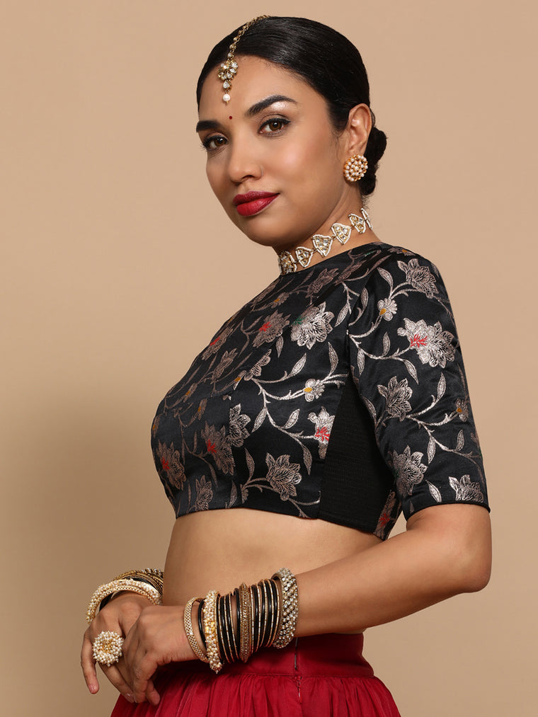 Kavi x Tyohaar Saree Blouse, in Black Embroidery & Brocade, featuring elbow sleeves and jewel neckline (view 3).