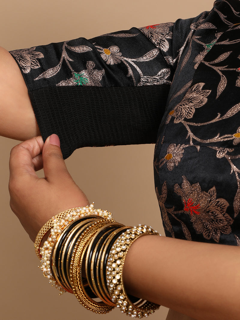 Kavi x Tyohaar | Elbow Sleeves Satin Viscose Saree Blouse in Black Meenakari Fabric-Binks
